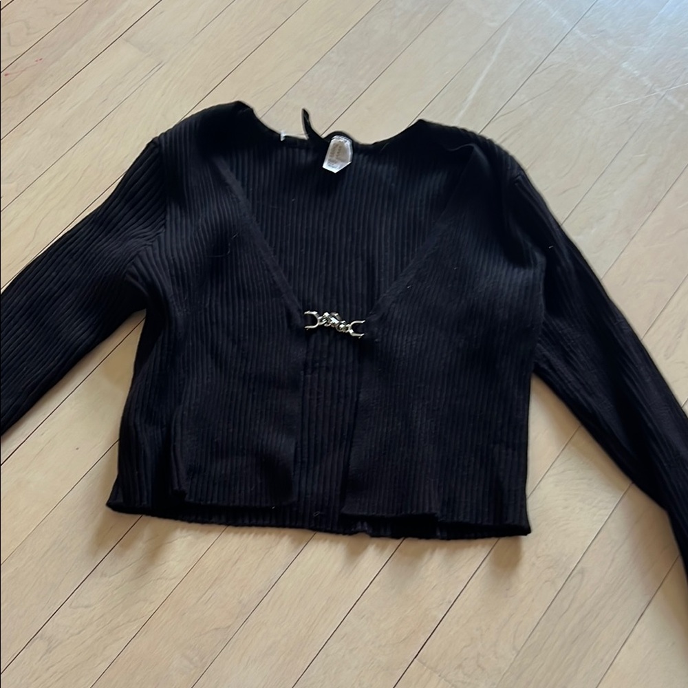 Black Ribbed Long Sleeve Top with Silver Accent